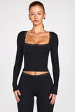 Ribbed Modal Square Neck Long Sleeve Top in Black