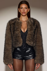 Cropped Faux Fur Jacket in Chocolate Brown