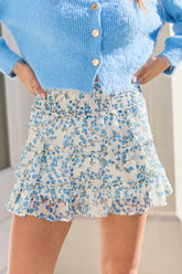 Through The Garden Blue Multi Color Floral Mini Skort