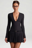 Long Sleeve Pleated Mini Dress in Black