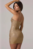Embellished Bandeau Cowl Waist Mini Dress in Gold