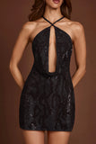 Embellished Halterneck Cowl A line Mini Dress in Black