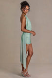 Embellished Open Back Mini Dress in Sage Green