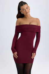 Modal Off Shoulder Mini Dress in Wine Red