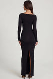 Soft Jersey Boat Neck Tie Gather Maxi Dress in Black