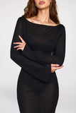 Sheer Jersey Long Sleeve Backless Maxi Dress in Black