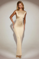 Satin Boat Neck Twist Back Maxi Dress in Champagne