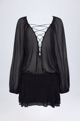 Lace Up Balloon Sleeve Mini Dress in Black