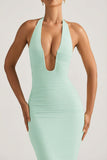 Ruched Backless Halterneck Gown in Mint