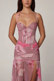 Ruched Asymmetric Corset Gown in Blurred Floral