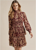 Smocked Waist Jaquard Mini Dress Wine Gold