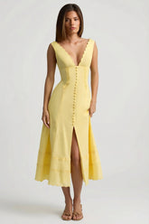 Cotton Poplin A Line Midaxi Dress in Pastel Yellow