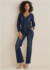 Zip Front Denim Jumpsuit Dark Wash