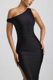 Ruched Asymmetric One Shoulder Maxi Dress in Black