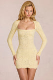 Scalloped Lace Long Sleeve Mini Dress in Lemon Yellow