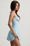 Halterneck A Line Mini Dress in Blue Flower Print