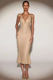 Metallic Lace Plunge Neck Backless Midaxi Dress in Gold