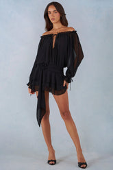Off Shoulder Balloon Sleeve Mini Dress in Black