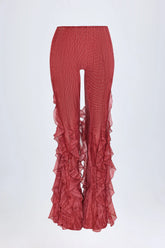 Ruffled Mid Rise Flared Trousers in Red Print