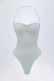 Cut Out Halterneck Swimsuit in Teal Double Stripe