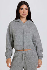 Soft Knit Zip Up Cropped Hoodie in Grey
