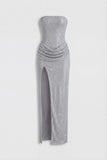 Embellished Bandeau Cowl Waist Maxi Dress in Silver