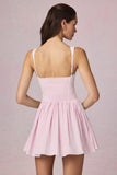 Bow Detail A Line Mini Dress in Soft Mauve Stripe