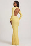 Ruched Backless Lace Maxi Dress in Pastel Yellow