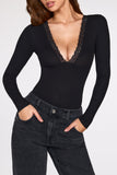 Ribbed Modal Long Sleeve Plunge Bodysuit in Black
