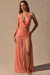 Cowl Neck Plunge Maxi Dress in Coral