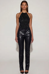 Faux Croc Leather Straight Leg Trousers in Black