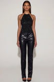 Faux Croc Leather Straight Leg Trousers in Black