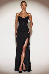 Embellished Cowl Neck Ruffled Gown Dress in Black