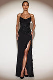 Embellished Cowl Neck Ruffled Gown Dress in Black