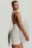 Embellished Scarf Detail Halterneck Mini Dress in White