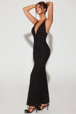 Embellished Plunge Halter Neck Evening Gown in Black