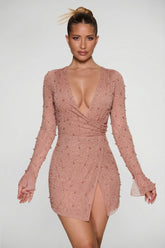 Embellished Wrap Over A Line Mini Dress in Beige