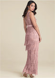 Embroidered Fringe Long Dress Tan