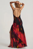 Open Back Maxi Dress in Red Blurred Print