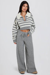 Knit Mid Rise Wide Leg Joggers in Grey