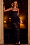 Sheer Lace Square Neck Ruched Gown in Black