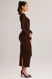 Modal Peekaboo Long Sleeve Midi Dress in Chocolate Brown