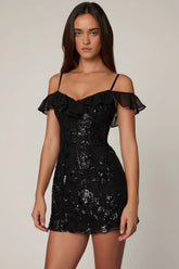 Embellished Lace Up A Line Mini Dress in Black