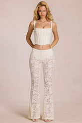 Sheer Lace Mid Rise Flared Trousers in Pearl