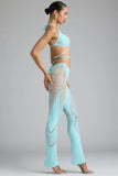 Petite Embellished Mid Rise Flared Trousers in Ice Blue