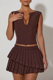 Layered Pleated Low Rise Mini Skirt in Chocolate Brown