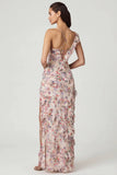 Asymmetric Ruffled Lace Up Gown in Primrose Floral Print