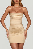 Satin Scalloped Bandeau Ruched Mini Dress in Champagne