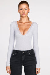 Ribbed Modal Long Sleeve Plunge Bodysuit in Grey