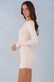 Modal Boat Neck Draped Long Sleeve Mini Dress in Ivory